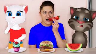 Talking Tom and Talking Angela in Real Life - Mukbang Food Challenge and Me