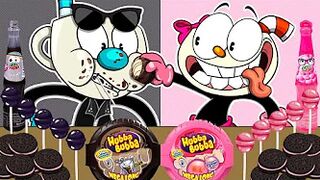 Pink vs Black Challenge | Mukbang Animation Cuphead /ASMR/ Chupa Chup & Hubba Bubba /Slime Mukbang