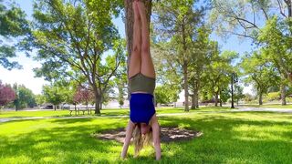 Stretching and Handstands at the Park. Forward Folding, Splits, Contortion