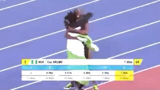 The moment Ese Bruma realizes she has broken the Commonwealth Games record.
