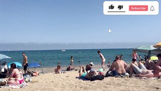 MUST SEE - BEACH OF PRETTY SPANISH WOMEN????| 4K Spain Barcelona 2023 Walking Tour Barceloneta beach