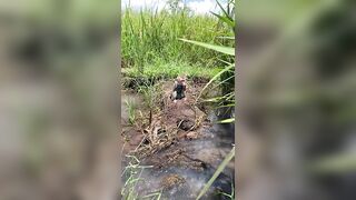 The whole family goes to the stream to cool off in the summer