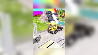 Monster Truck Potholes Flatbed Trailer Truck - Train vs Cars - Rail vs Cars - Speed Bump vs Cars