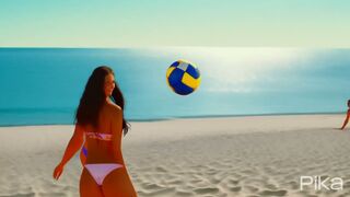 Girls with long hair in bikinis play volleyball on the sunny sea beach.