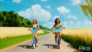 Girls in bikinis are riding bicycles on a road.