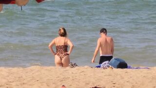 ????????Leopard one piece thong bathing suit try on haul beach, leotard, mature plus size women's swimwear