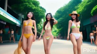 Three smiling Thai women in bikinis are walking along a sidewalk in Bangkok with beautiful hair.